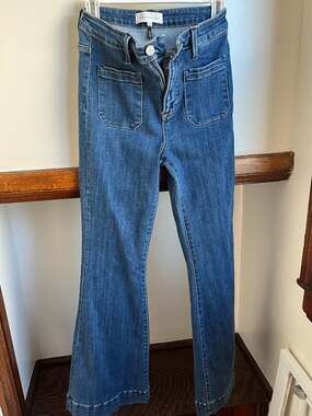 Risen Jeans Sedona Patch Pocket Flare Jeans in Medium Wash